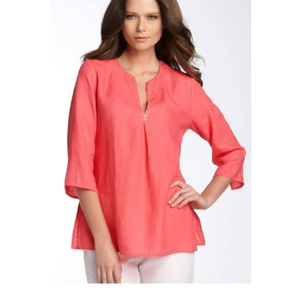 Eileen Fisher Irish linen sequin trim split-neck tunic szM - Picture 3 of 15